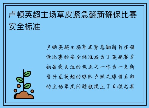 卢顿英超主场草皮紧急翻新确保比赛安全标准